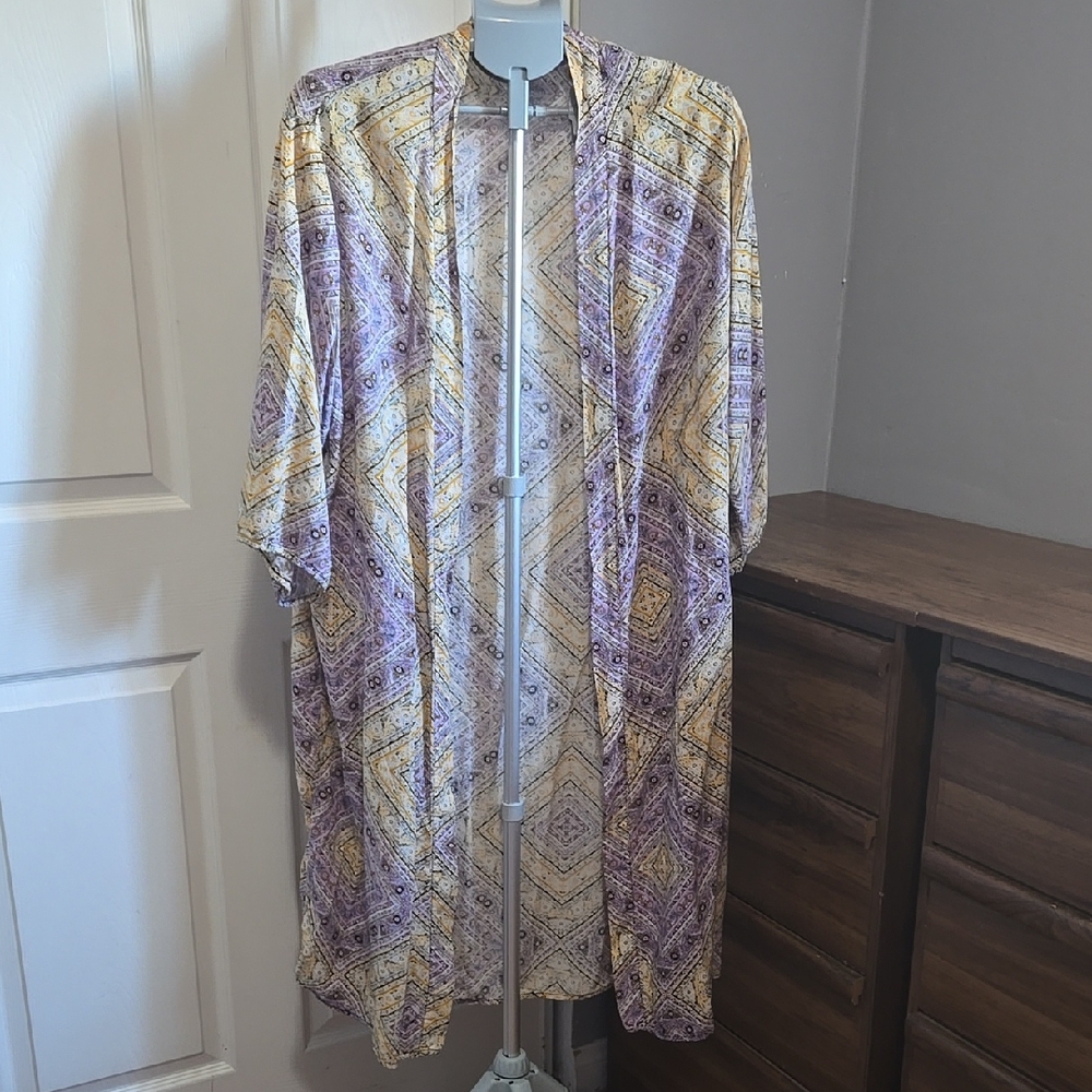 Women's Purple and Yellow Patterned Kimono Duster